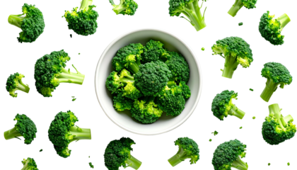 A white bowl filled with broccoli florets, surrounded by scattered broccoli pieces