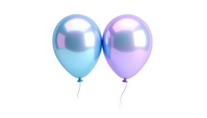 Two iridescent balloons, one blue and one purple, isolated on a black background