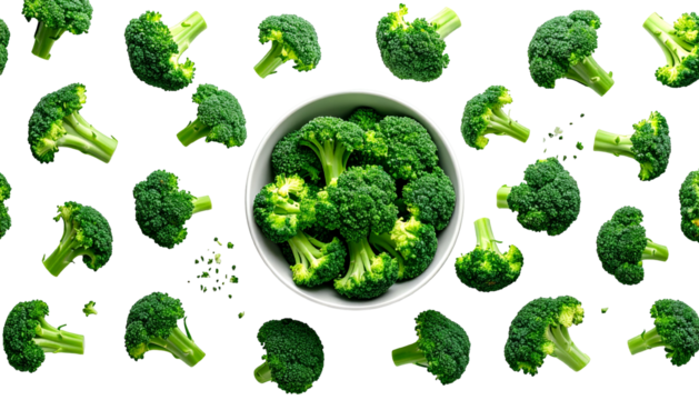 Arrangement of broccoli florets; a bowl in the center overflows with the green vegetable - Powered by Adobe