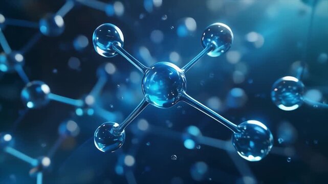 Close-up 3D Rendering of a Blue Molecular Structure with Water Droplets and Glowing Spheres on a Dark Background