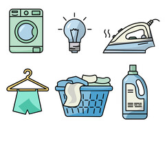 A high-quality vector collection of laundry and household icons featuring a washing machine, steam iron, lightbulb, laundry basket, detergent bottle, and clothes on a hanger in a clean flat style.