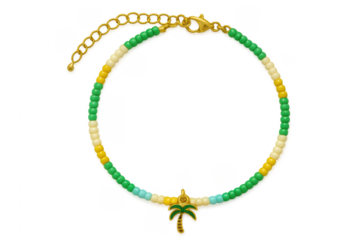 Colorful beaded bracelet with palm tree charm on transparent background