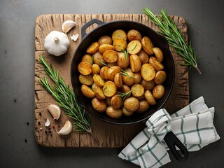 Sautéed potatoes with rosemary in a cast iron pan on a wooden board with garlic and a checked cloth