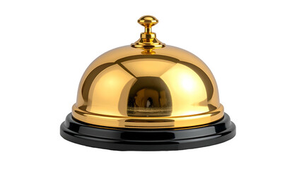 A shiny gold bell with a black base isolated on a black background, highly reflective