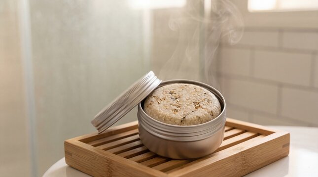 Eco Friendly Solid Shampoo Bar Steaming Gently on a Bamboo Tray in a Bright Modern Bathroom With White Subway Tiles and Natural Light Creating a Relaxing Spa - Powered by Adobe