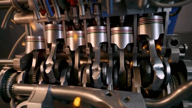 Dynamic Close-up of an Internal Combustion Engine with Pistons Moving, Flames, and Sparks Flying cutaway