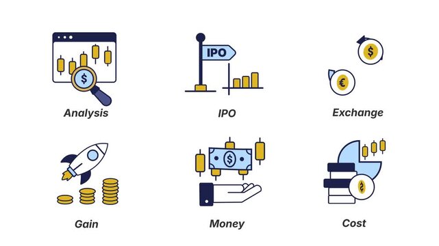 Business and Financial Icon Set for Stock Market Analysis, IPO Investment, and Currency Exchange