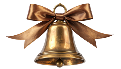 Shiny bronze bell with a flowing ribbon tied in a bow, isolated against a dark backdrop