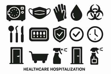 Healthcare icons: mask, gloves, sterilization, biohazard, protection