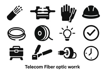 Fototapeta premium Telecom fiber optic work tools: cables, equipment, safety gear icons