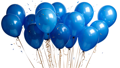 Close-up of blue balloons clustered together with gold confetti and streamers