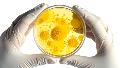Gloved hands hold a petri dish with yellow bacterial colonies on clear agar