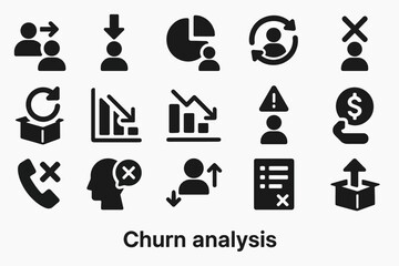 Churn analysis icons: graphs, arrows, money, people, boxes, warnings