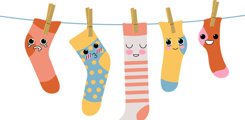 socks with emojis hanging on a clothesline in doodle style in vector. element for decor design print sticker poster banner advertisement