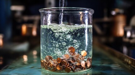 Medium shot of chemical deoxidizing process with bubbling liquid and copper pieces reacting in laboratory glassware.