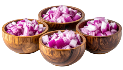 Four wooden bowls overflowing with diced red onions against a black background