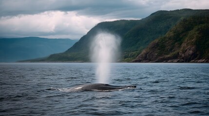 A whale spouts water in a dramatic coastal landscape under cloudy skies