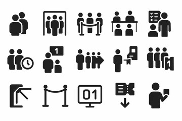 Queue and ticketing icons set: organizing people, waiting, priority, and access management