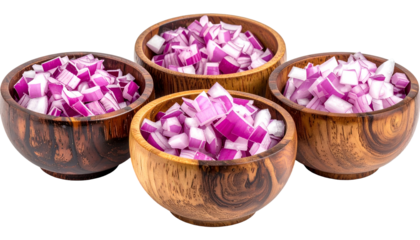 Four wooden bowls, each filled with diced red onions, set against a transparent background
