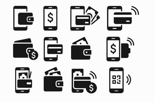 Digital payment icons: mobile wallet, qr code, contactless technologies