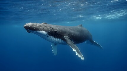 Naklejka premium A majestic humpback whale gracefully swims through the clear blue ocean depths under the shimmering surface light