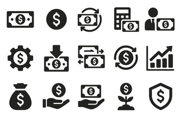 Financial icons set: currency exchange, investment growth, money management tools