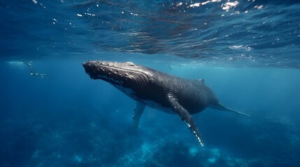 Fototapeta premium Majestic humpback whale glides through clear blue ocean water near the surface with distant swimmers observing