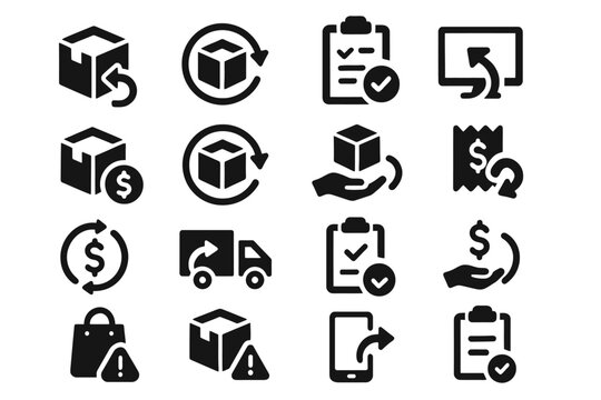 Black and white icons representing return and refund processes