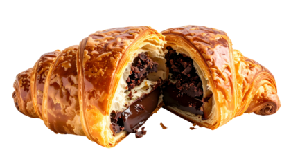 A close-up of a halved, flaky pastry filled with rich, dark chocolate