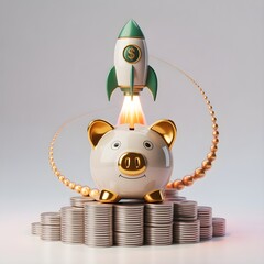 3D Piggy Bank with Rocket Launching from Coins for Fast Savings Growth, Financial Success, and Investment Momentum Isolated on White Background