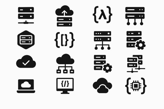 Cloud computing and server icon set featuring data and programming symbols