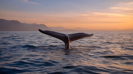 Fototapeta premium Whale tail emerges from the ocean at sunset