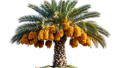 A tropical palm tree with a thick trunk, green fronds, and golden-brown dates