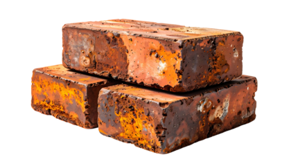Close-up of three weathered, rectangular bricks stacked against a stark, black background