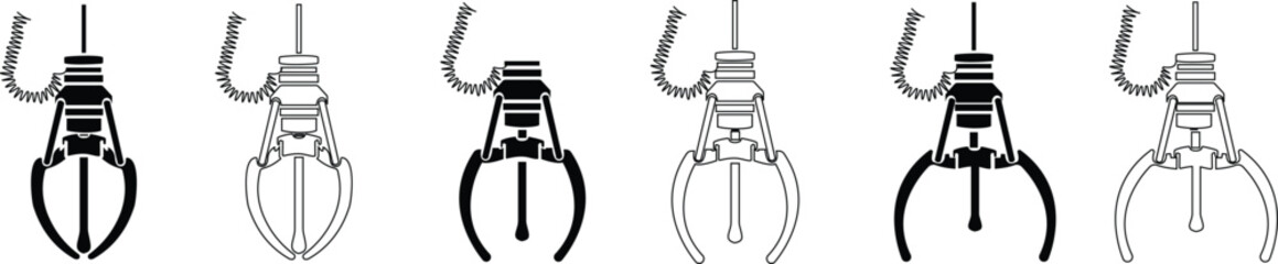 Set of crane claw machine icons, collection of arcade grabber toy symbols, group of flat line vector illustrations, add claw, gripper, catcher, pickup device, black