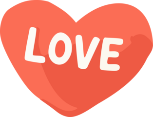 A bold red heart with the word “LOVE” written in white stands out against asimple romantic illustration.