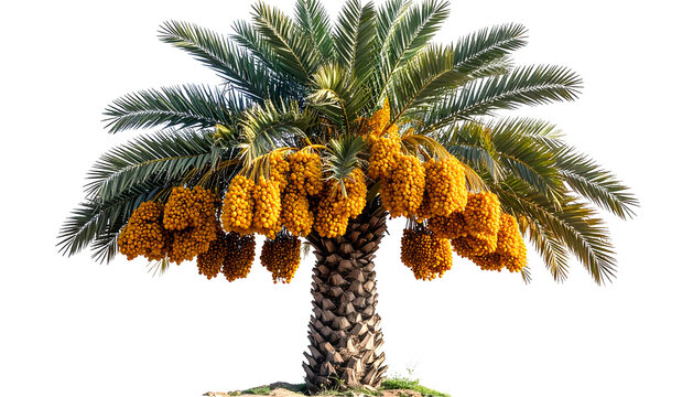 A tropical palm tree with a thick trunk, green fronds, and golden-brown dates