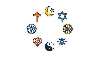 Diverse religious symbols including cross, star of david, om, yin yang, crescent moon, wheel of dharma, and islamic crescent star on white background, representing faith