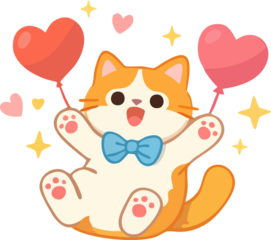 A cheerful flat-style illustration of a cute orange cartoon cat wearing a blue bow tie and holding heart-shaped balloons, surrounded by hearts and sparkles