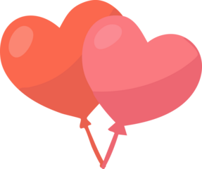 A flat-style illustration of two overlapping heart-shaped balloons in red and pink colors, symbolizing love and celebration