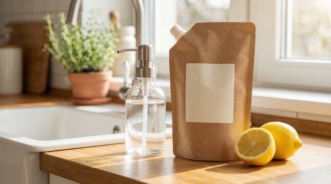 Eco product packaging refill pouch with liquid soap dispenser and fresh lemons on a wooden kitchen counter near a sink with sunlight streaming through a window