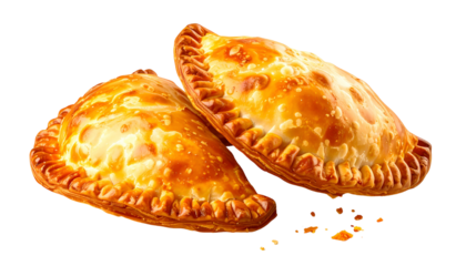 Two golden-brown, baked hand pies, one partially obscuring the other, on a dark backdrop