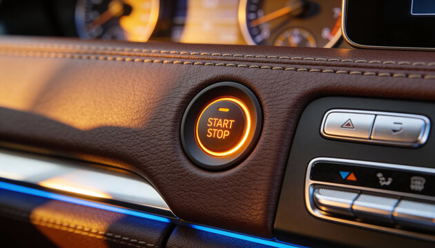 Car interior start stop button dashboard luxury detail warm light modern control panel