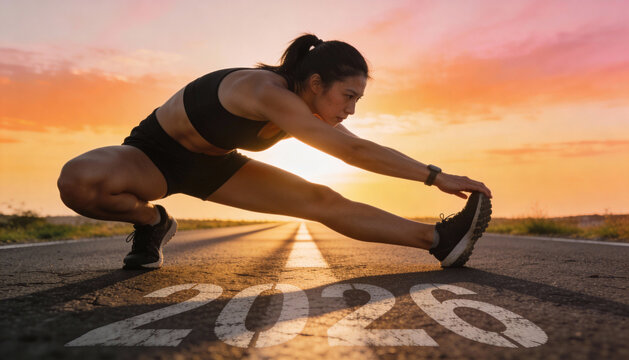 New year start straight road fitness stretch runner sunset goal motivation female athlete stretching on straight road toward new year goal 2026 - Powered by Adobe
