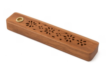 Wooden incense stick holder with floral carving transparent background