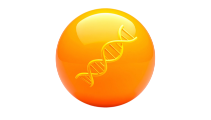 A glossy orange sphere with a golden DNA double helix graphic