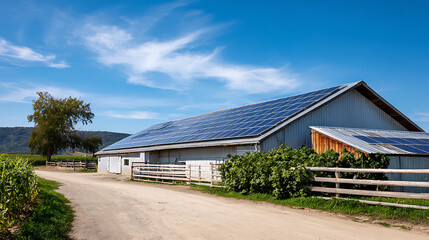 Wide-Angle Photo Of Modern Barn Roof Covered In Solar Panels