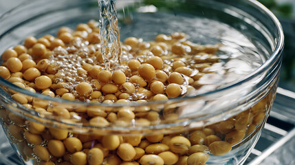 Extreme Macro Close-Up Of Dry Soybeans Soaking In Clear Water