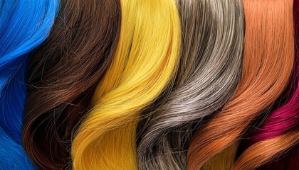 Fototapeta premium abstract background with strands of multicolored hair hair texture creative wallpaper for beauty salon banner various hair samples