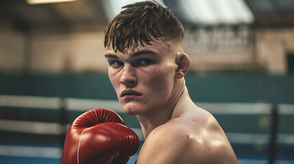 Close up of a young boxer with red gloves looking intense